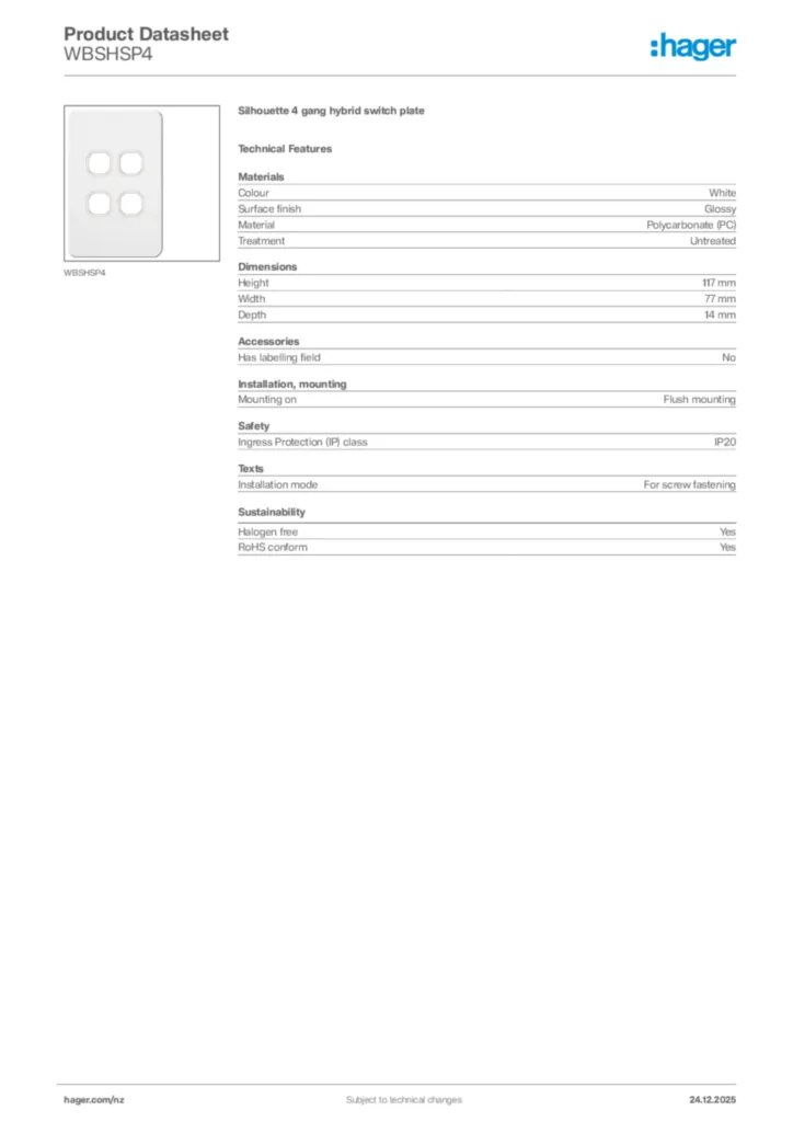 Image Hager Product data sheet WBSHSP4  | Hager New Zealand