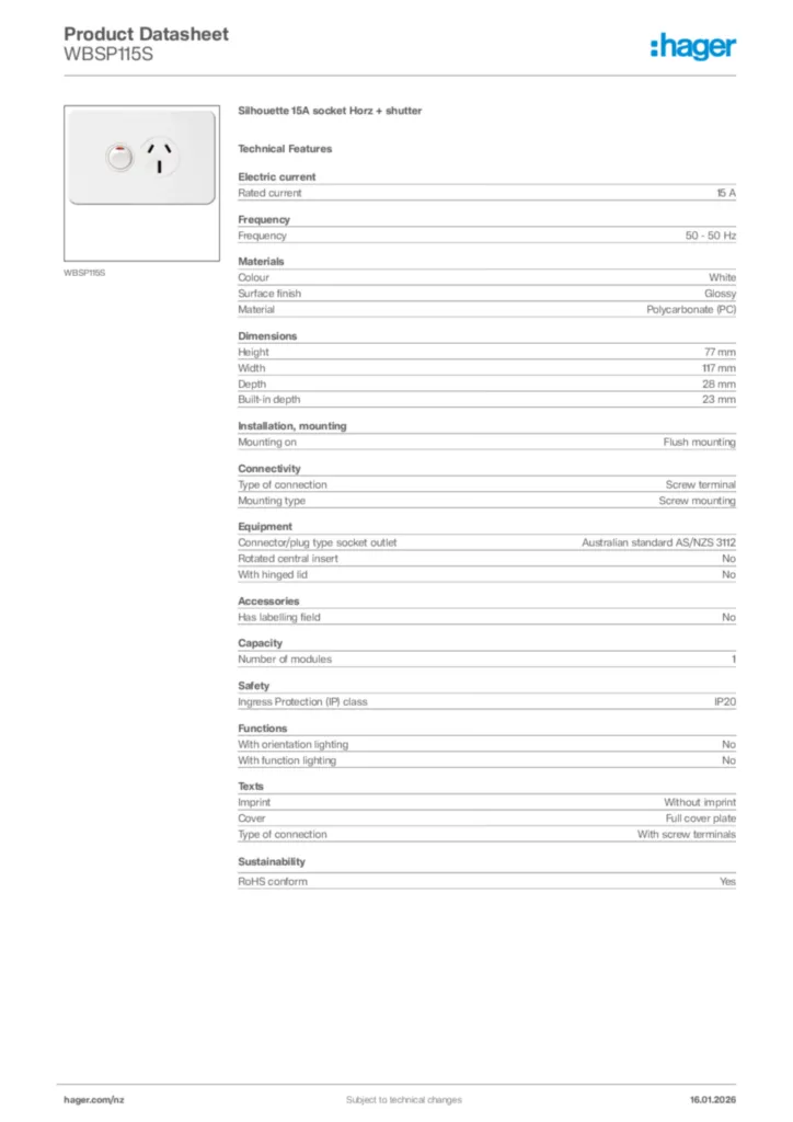 Image Hager Product data sheet WBSP115S  | Hager New Zealand