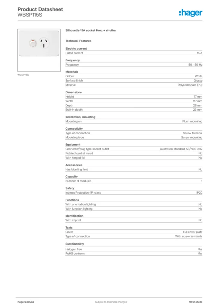 Image Hager Product data sheet WBSP115S  | Hager New Zealand