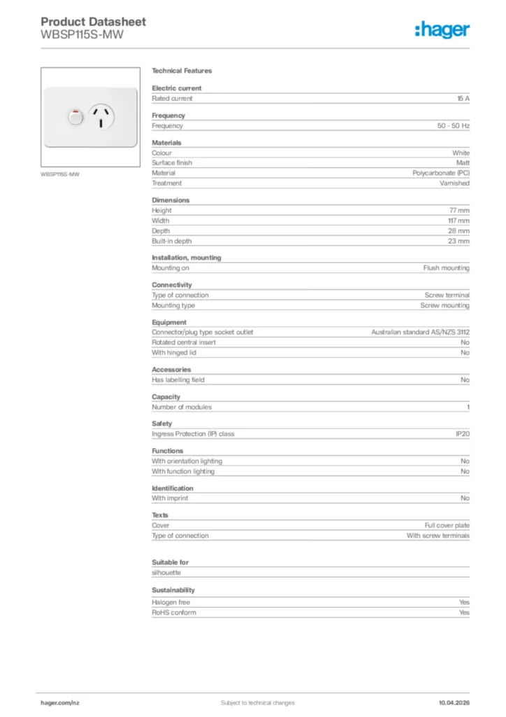 Image Hager Product data sheet WBSP115S-MW  | Hager New Zealand