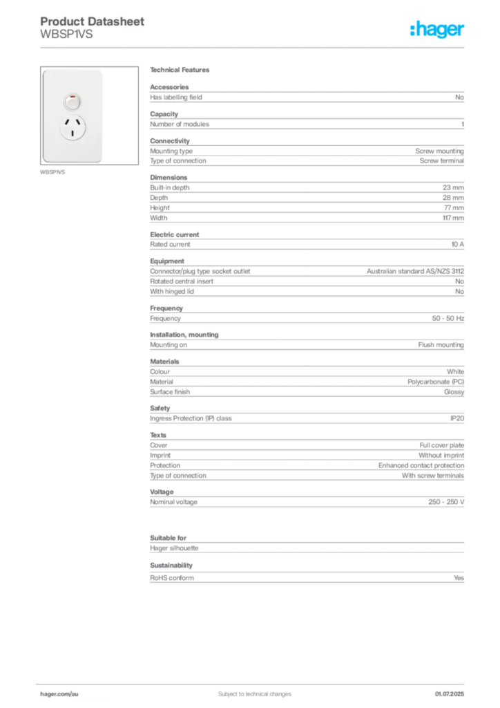 Image Hager Product data sheet WBSP1VS  | Hager Australia