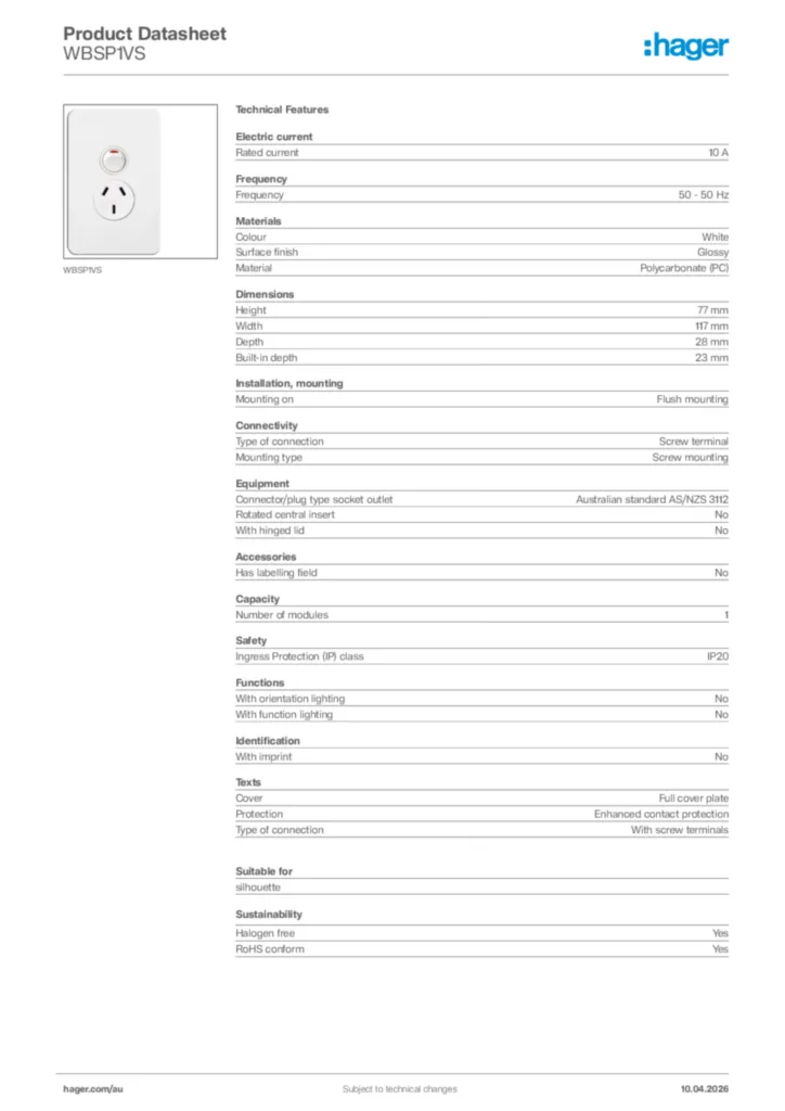 Image Hager Product data sheet WBSP1VS  | Hager Australia