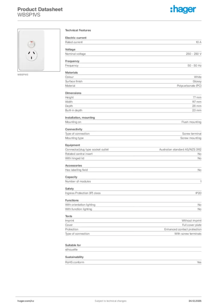 Image Hager Product data sheet WBSP1VS  | Hager New Zealand