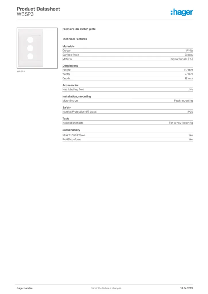 Image Hager Product data sheet WBSP3  | Hager Australia