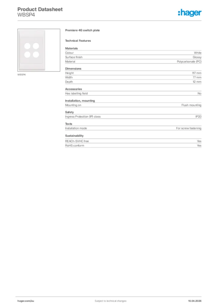 Image Hager Product data sheet WBSP4  | Hager Australia
