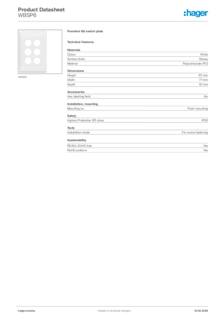 Image Hager Product data sheet WBSP6  | Hager Australia
