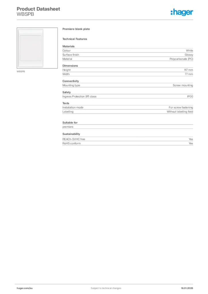 Image Hager Product data sheet WBSPB  | Hager Australia