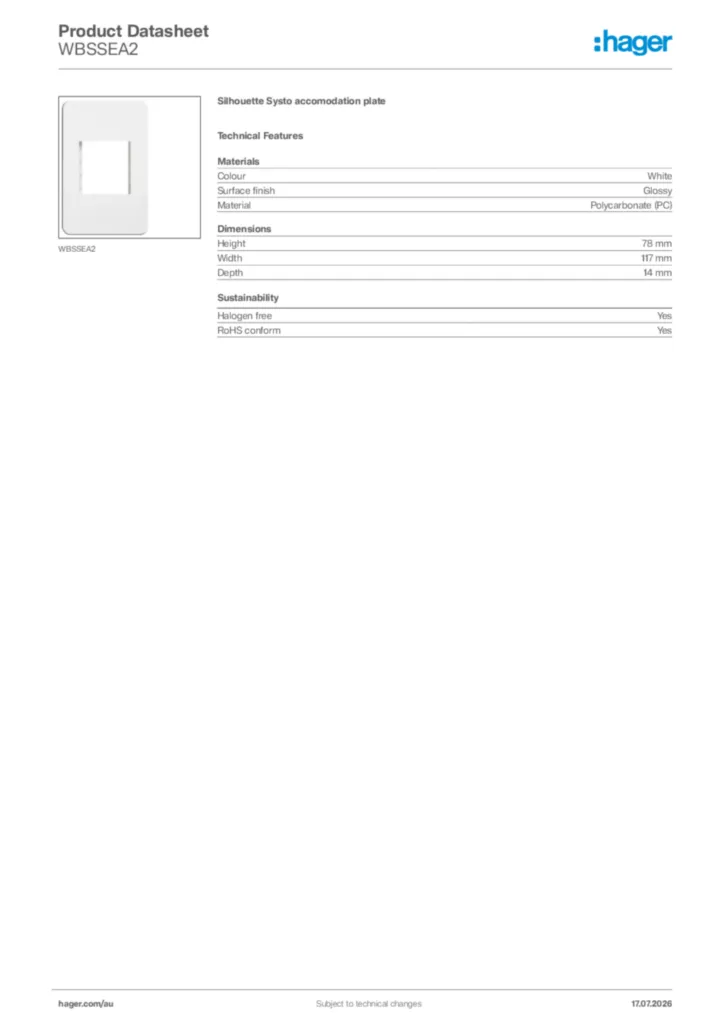 Image Hager Product data sheet WBSSEA2  | Hager Australia