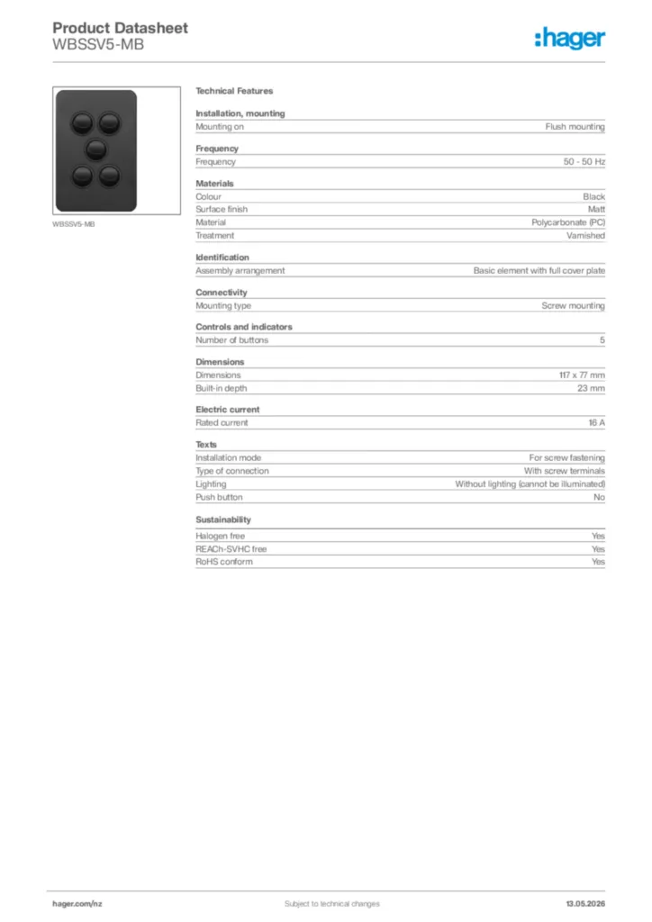 Image Hager Product data sheet WBSSV5-MB  | Hager New Zealand