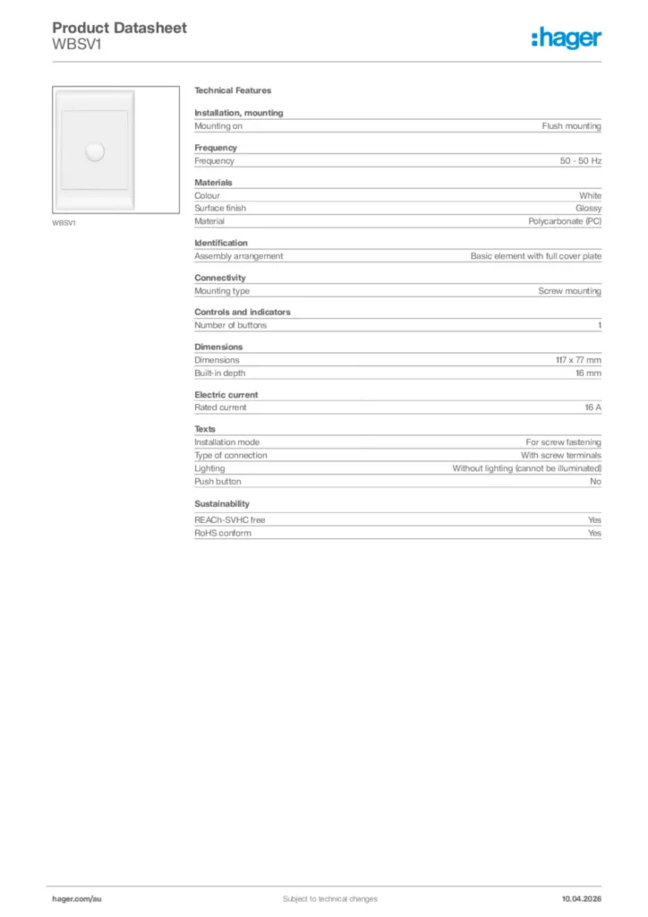 Image Hager Product data sheet WBSV1  | Hager Australia