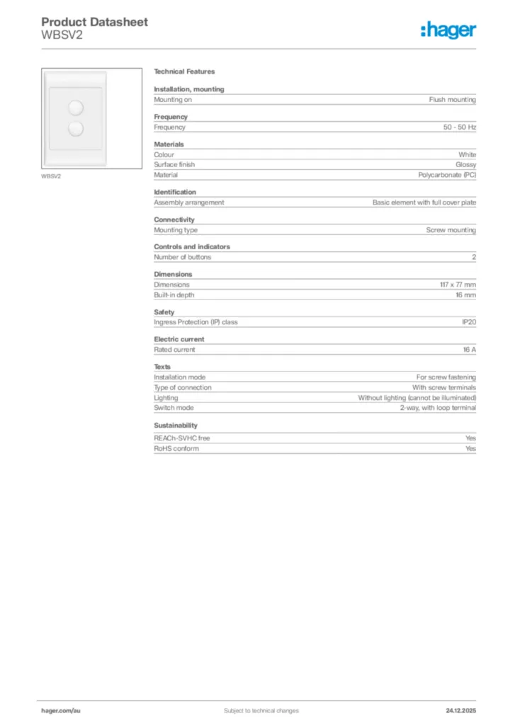 Image Hager Product data sheet WBSV2  | Hager Australia