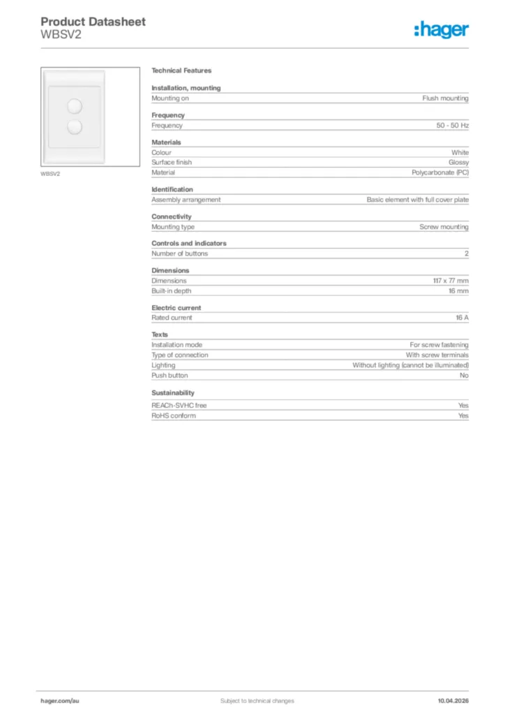 Image Hager Product data sheet WBSV2  | Hager Australia