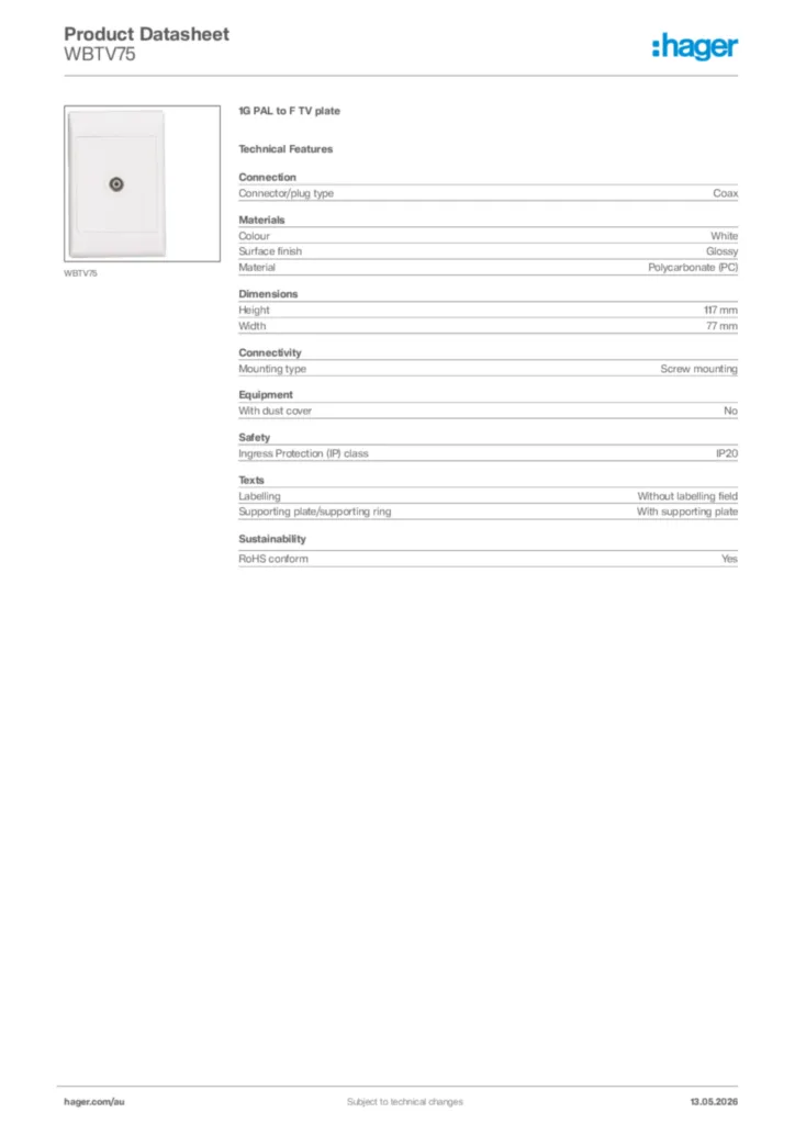 Image Hager Product data sheet WBTV75  | Hager Australia