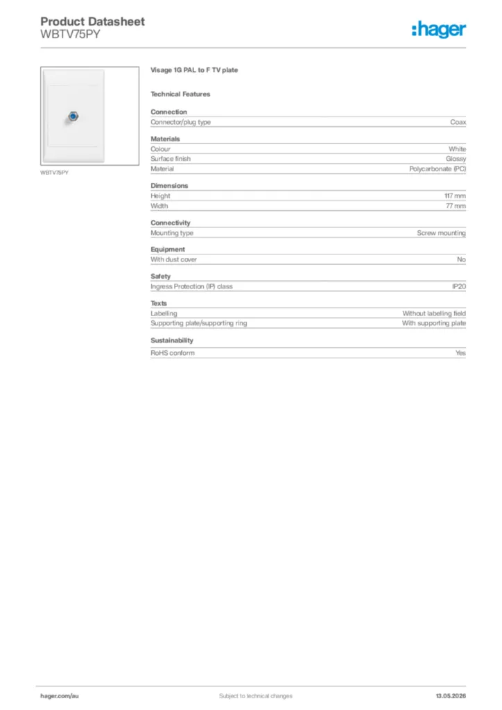 Image Hager Product data sheet WBTV75PY  | Hager Australia