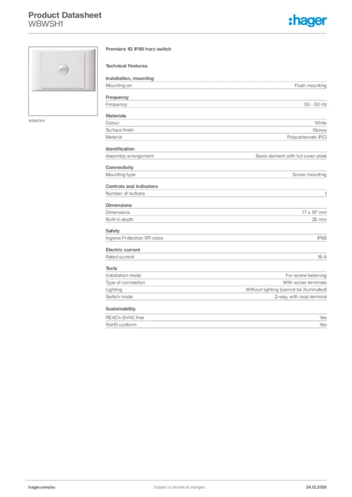 Image Hager Product data sheet WBWSH1  | Hager Australia