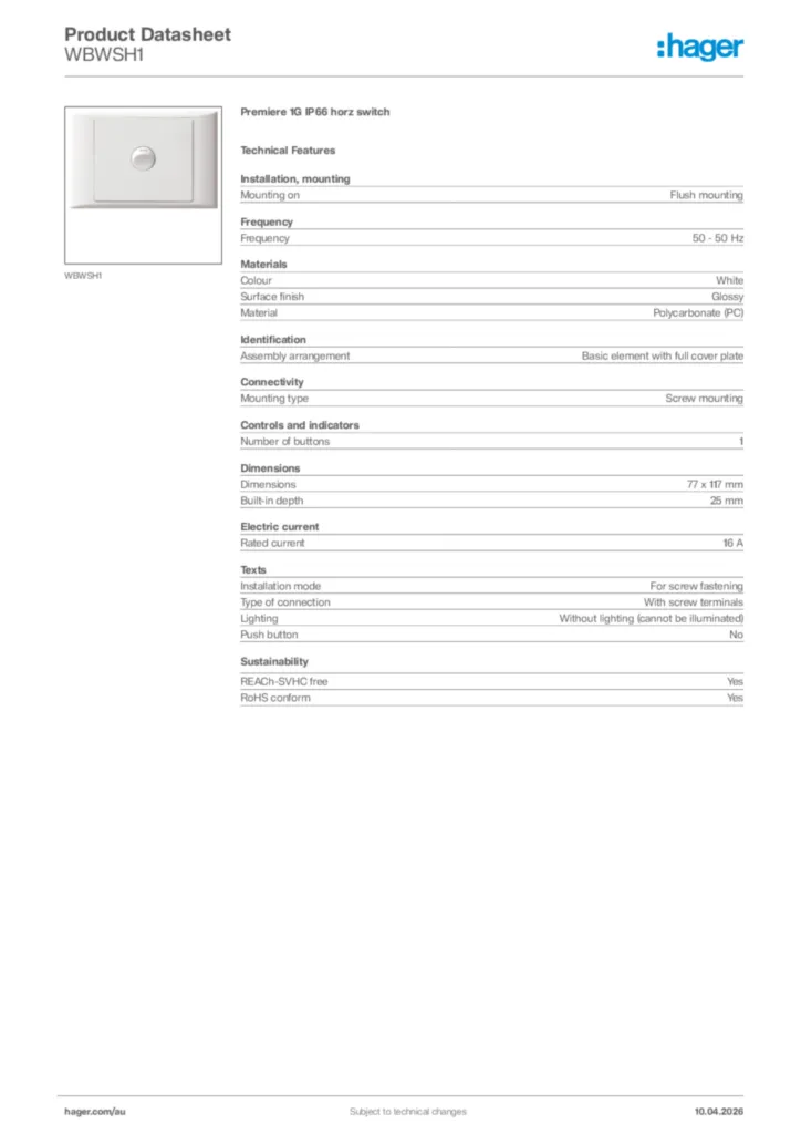 Image Hager Product data sheet WBWSH1  | Hager Australia