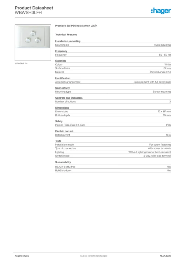 Image Hager Product data sheet WBWSH3LFH  | Hager Australia
