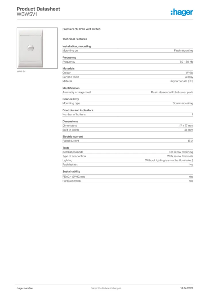 Image Hager Product data sheet WBWSV1  | Hager Australia