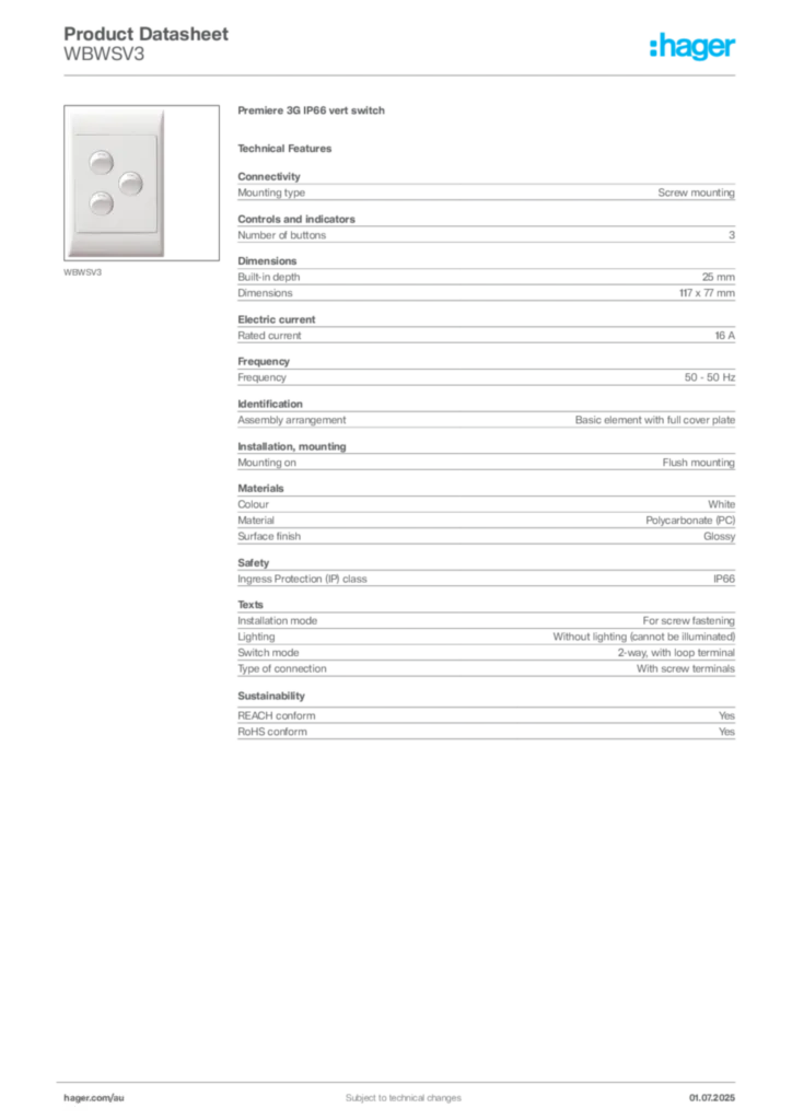 Image Hager Product data sheet WBWSV3  | Hager Australia