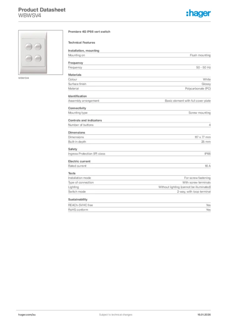 Image Hager Product data sheet WBWSV4  | Hager Australia
