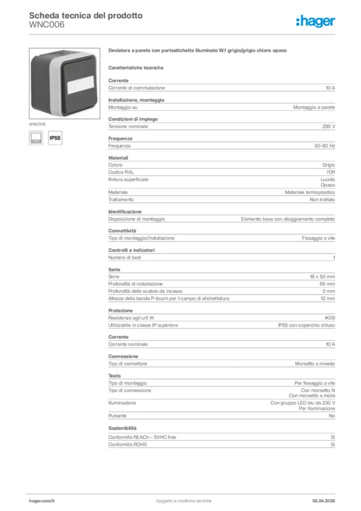 Immagine Hager Scheda tecnica del prodotto WNC006 | Hager Italia