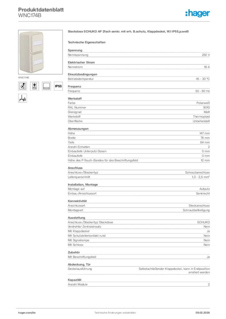 Bild Hager Produktdatenblatt WNC174B | Hager Deutschland