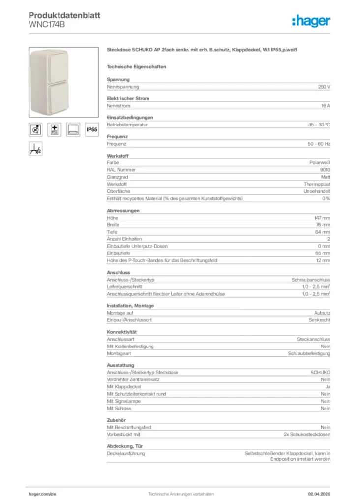 Bild Hager Produktdatenblatt WNC174B | Hager Deutschland