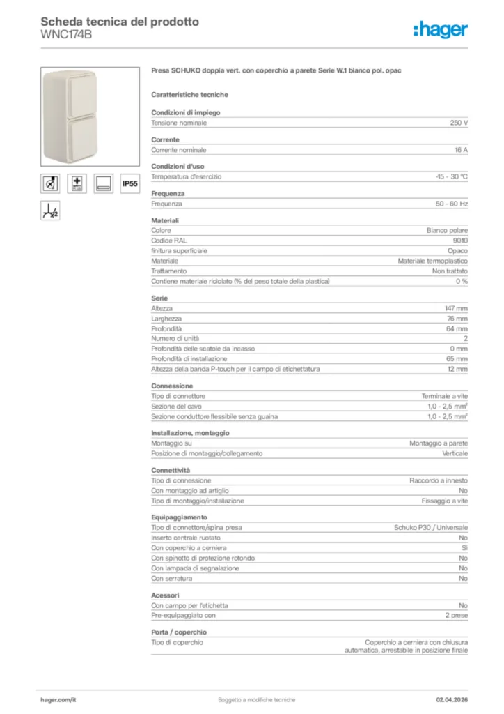 Immagine Hager Scheda tecnica del prodotto WNC174B | Hager Italia