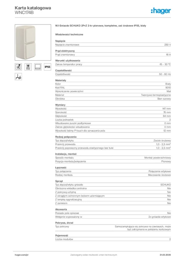 Zdjęcie Hager Karta katalogowa WNC174B | Hager Polska