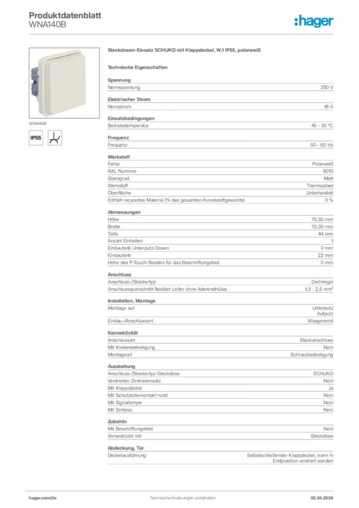 Bild Hager Produktdatenblatt WNA140B | Hager Deutschland