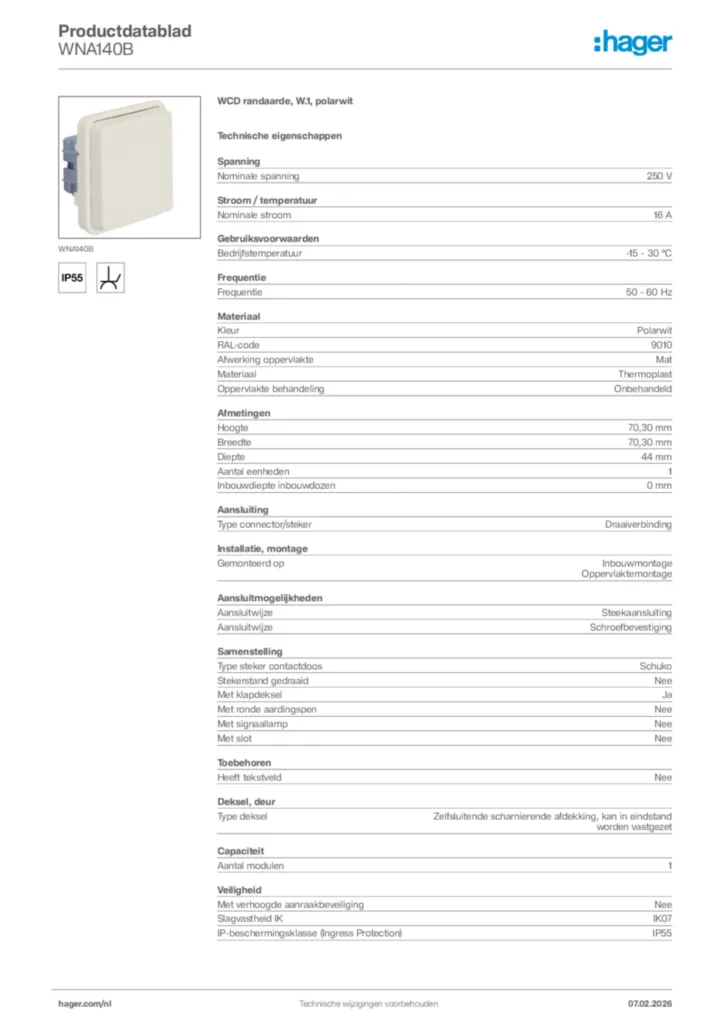 Afbeelding Hager Productdatablad WNA140B | Hager Nederland