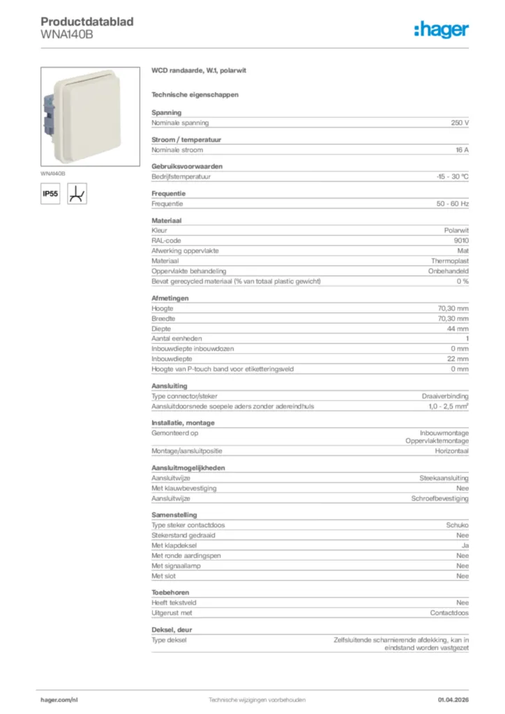 Afbeelding Hager Productdatablad WNA140B | Hager Nederland