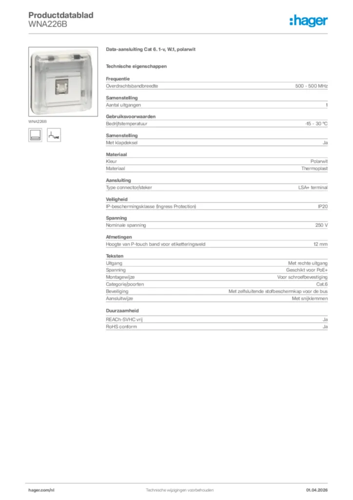 Afbeelding Hager Productdatablad WNA226B | Hager Nederland