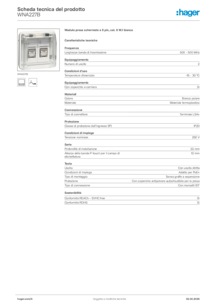 Immagine Hager Scheda tecnica del prodotto WNA227B | Hager Italia