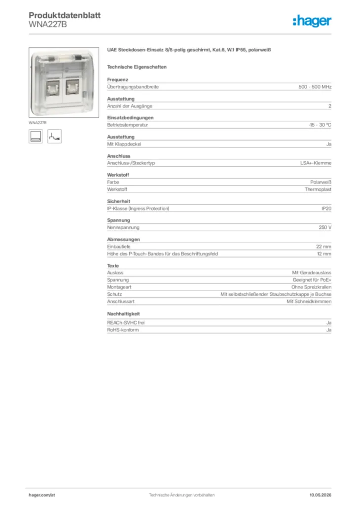 Bild Hager Produktdatenblatt WNA227B | Hager Deutschland