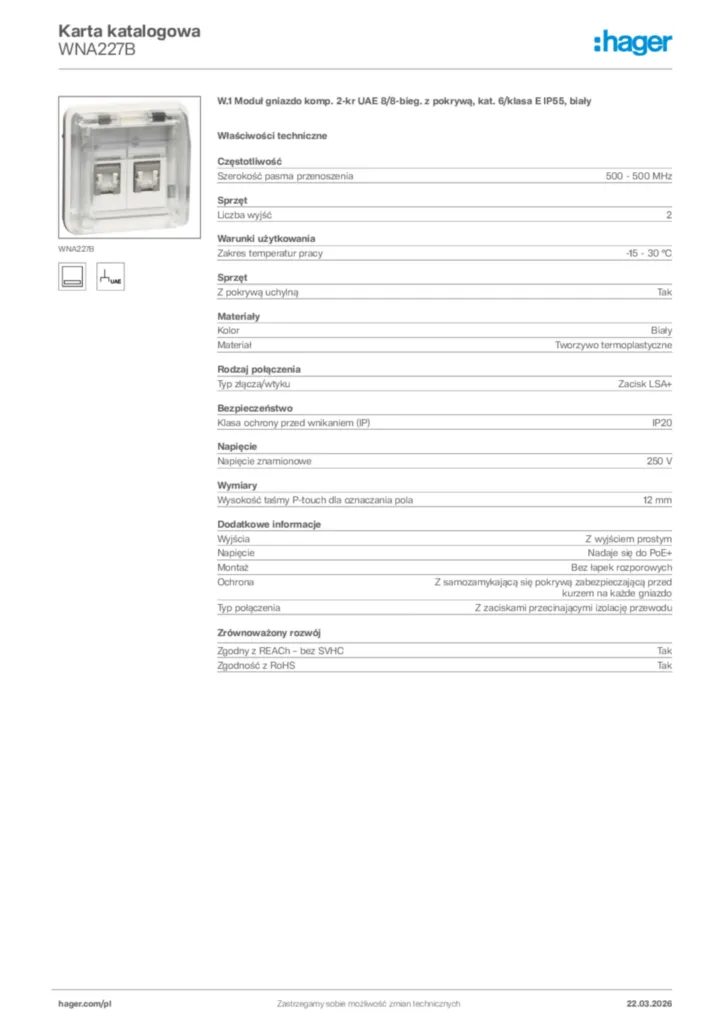 Zdjęcie Hager Karta katalogowa WNA227B | Hager Polska