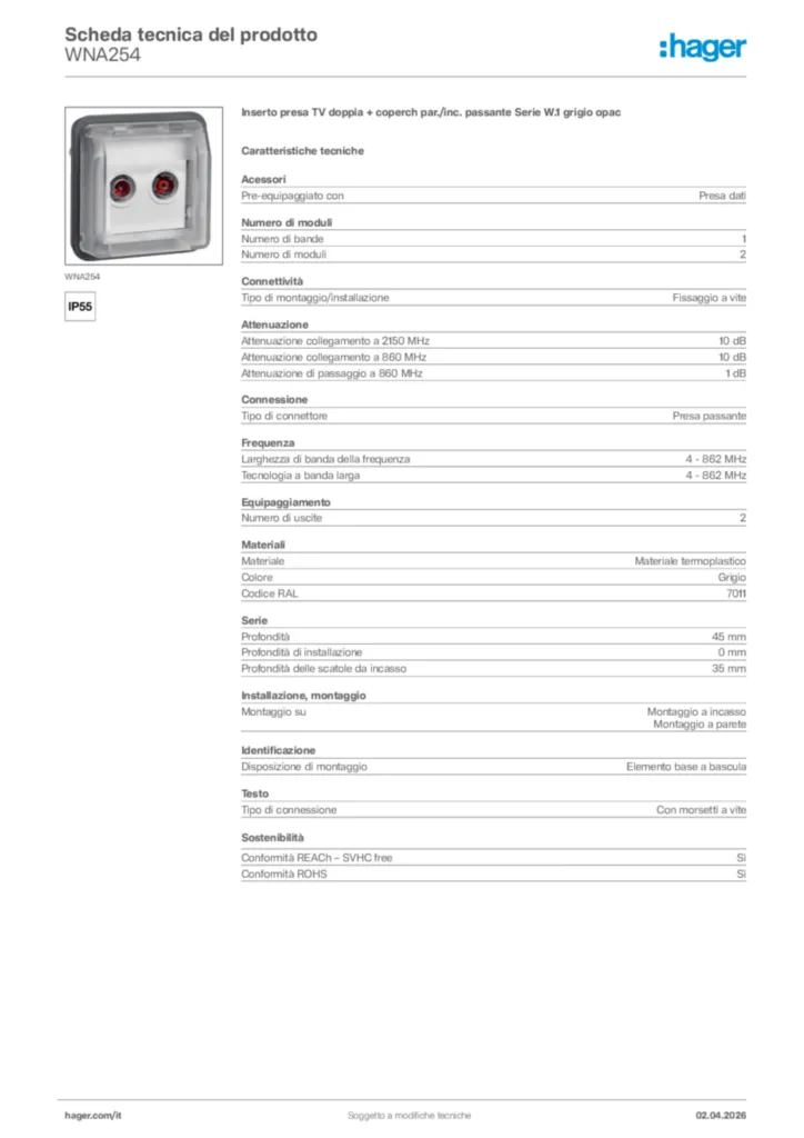 Immagine Hager Scheda tecnica del prodotto WNA254 | Hager Italia