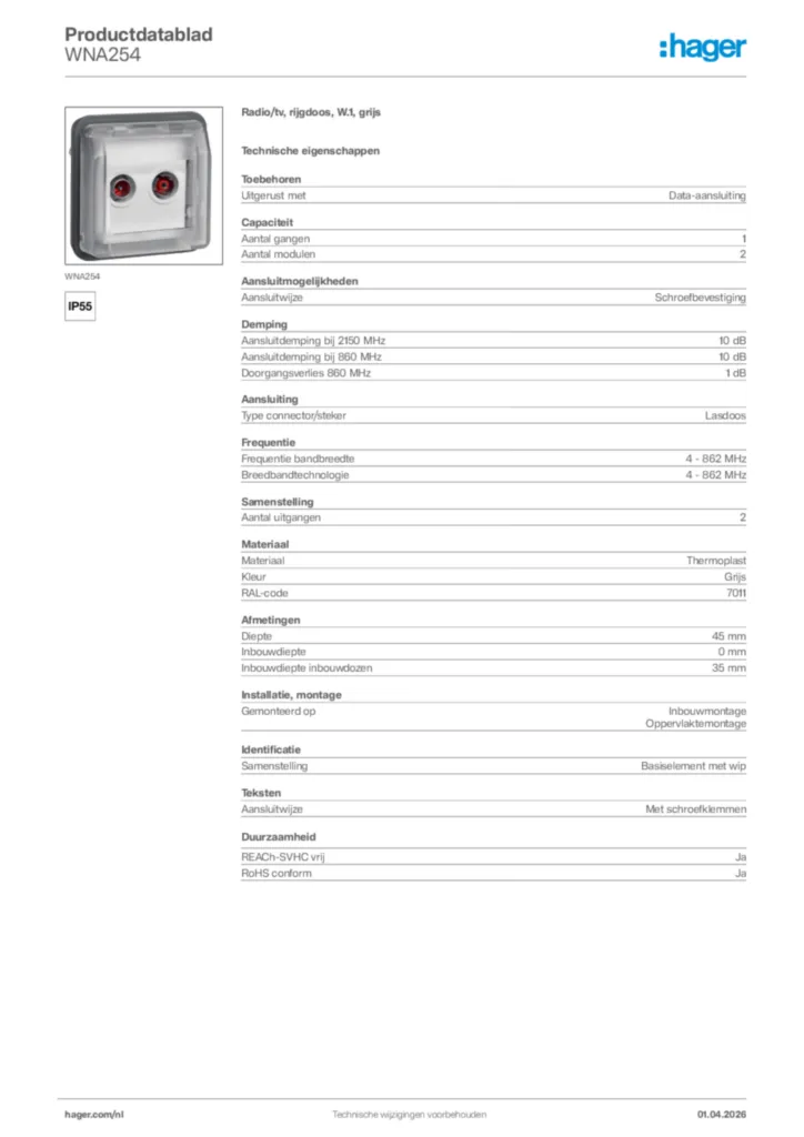 Afbeelding Hager Productdatablad WNA254 | Hager Nederland