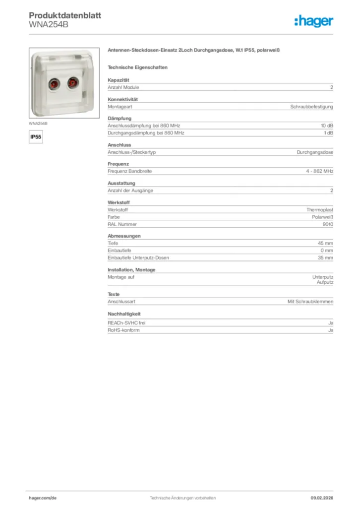 Bild Hager Produktdatenblatt WNA254B | Hager Deutschland