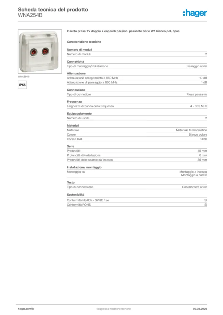 Immagine Hager Scheda tecnica del prodotto WNA254B | Hager Italia