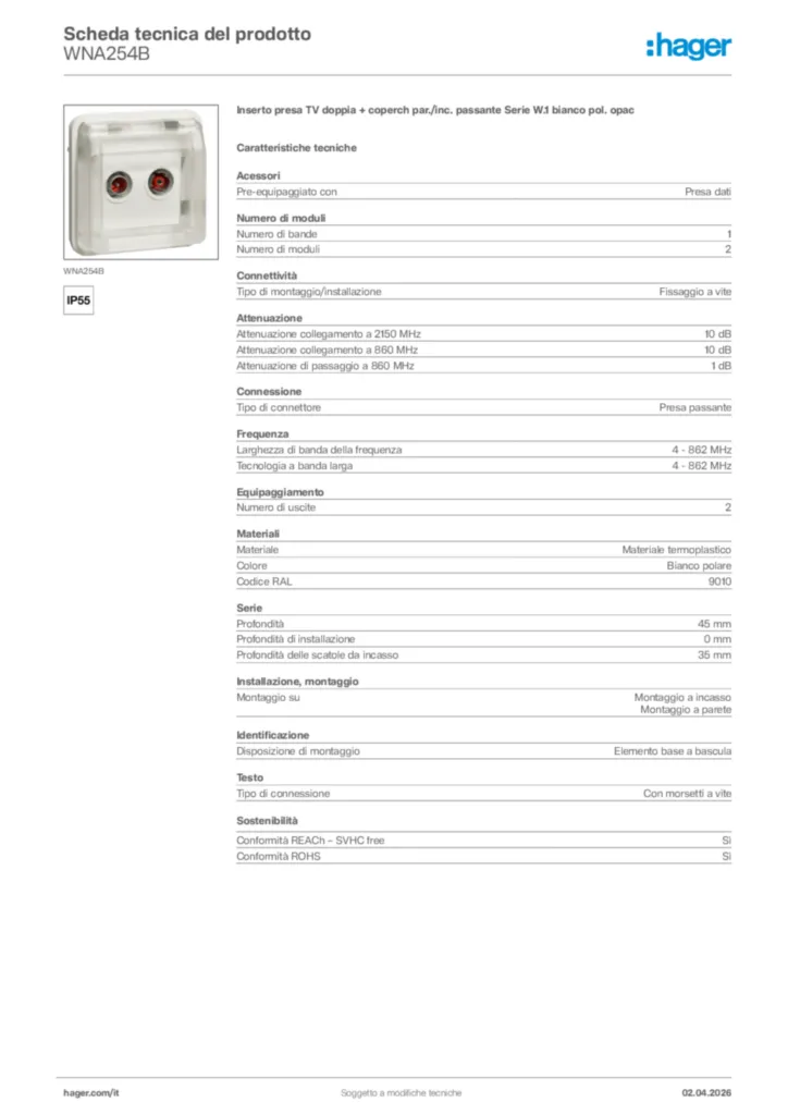 Immagine Hager Scheda tecnica del prodotto WNA254B | Hager Italia