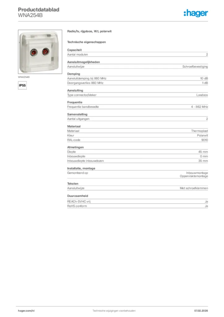 Afbeelding Hager Productdatablad WNA254B | Hager Nederland