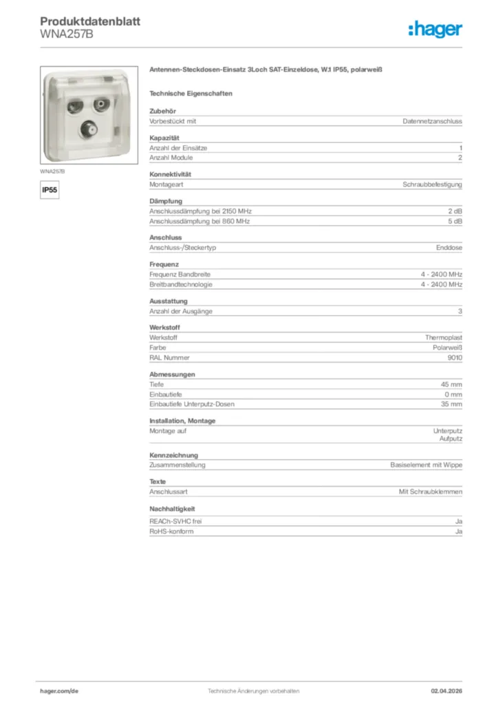 Bild Hager Produktdatenblatt WNA257B | Hager Deutschland