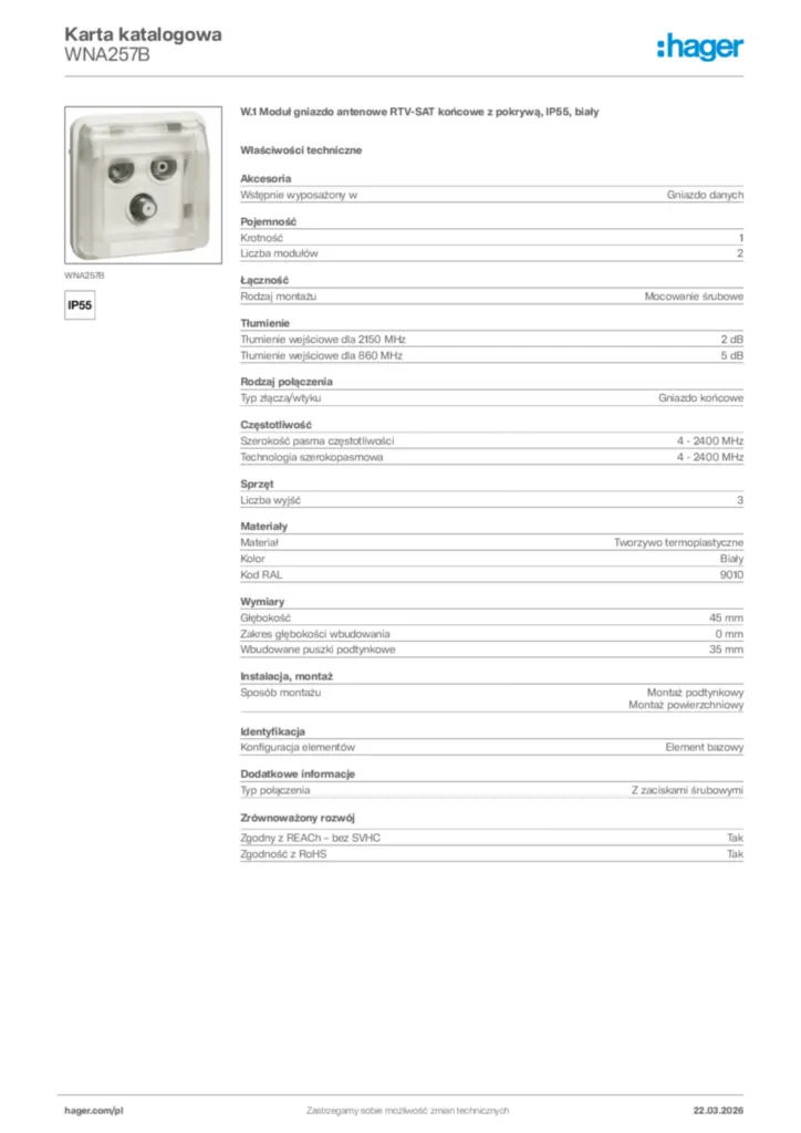 Zdjęcie Hager Karta katalogowa WNA257B | Hager Polska