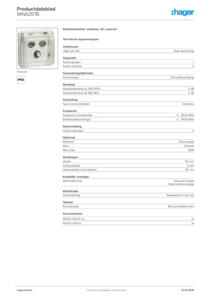 Afbeelding Hager Productdatablad WNA257B | Hager Nederland