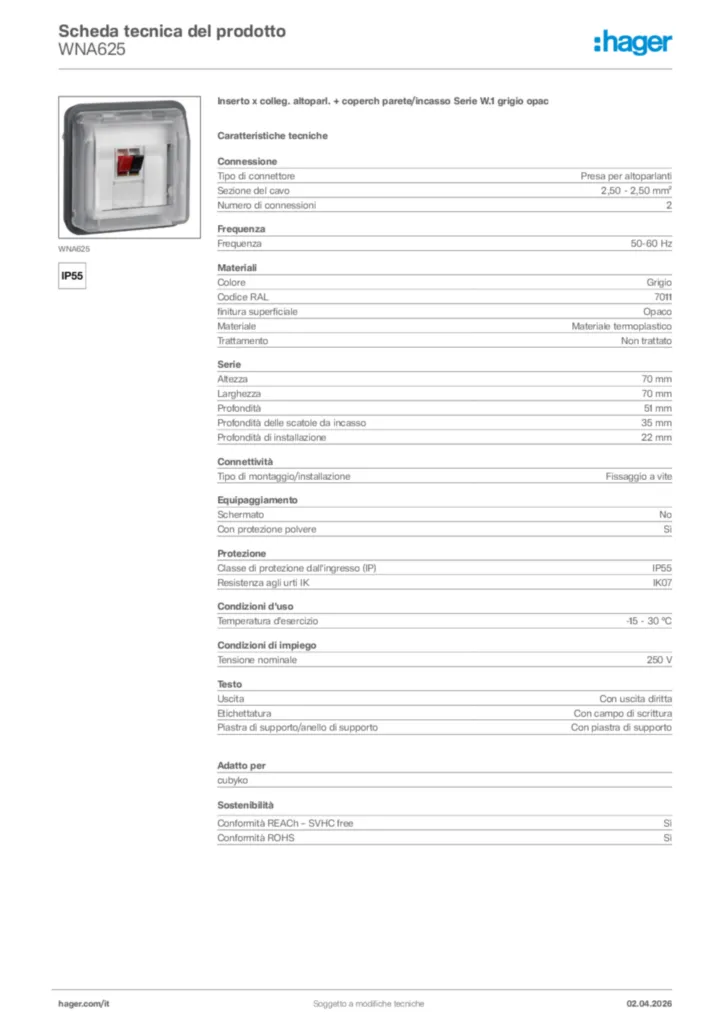 Immagine Hager Scheda tecnica del prodotto WNA625 | Hager Italia