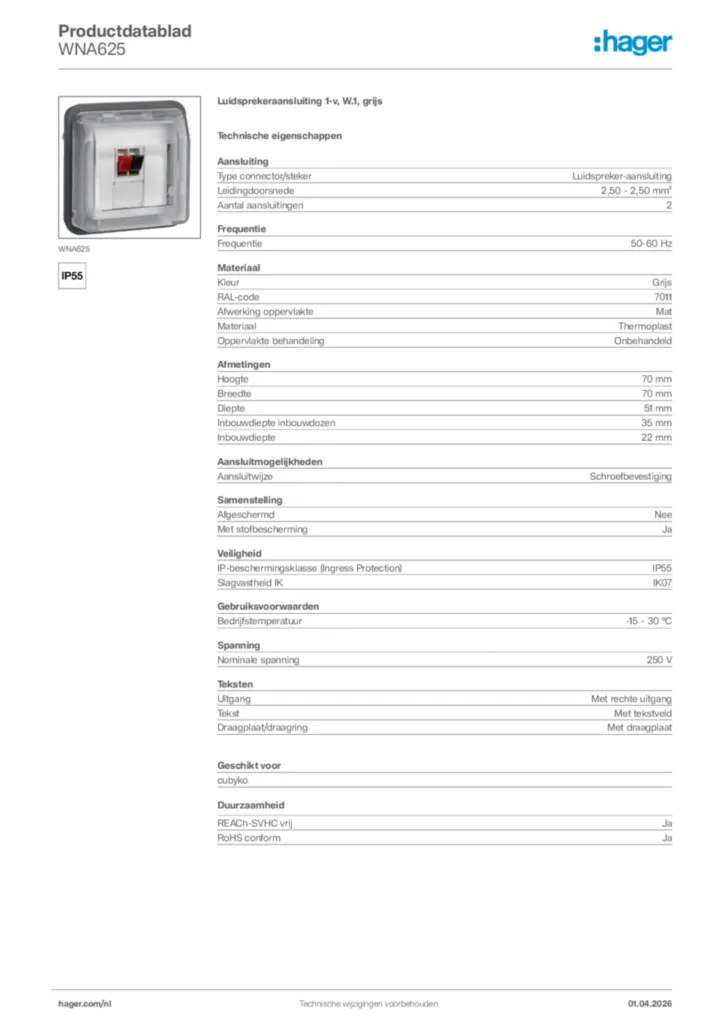 Afbeelding Hager Productdatablad WNA625 | Hager Nederland