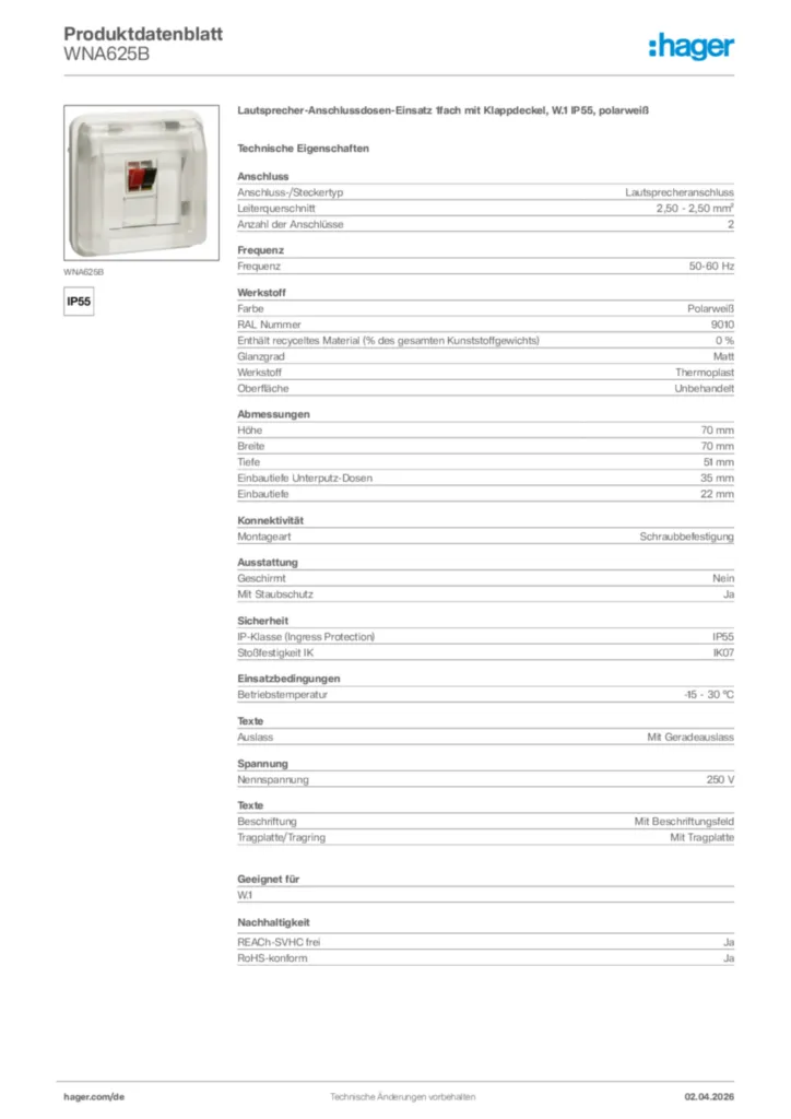 Bild Hager Produktdatenblatt WNA625B | Hager Deutschland