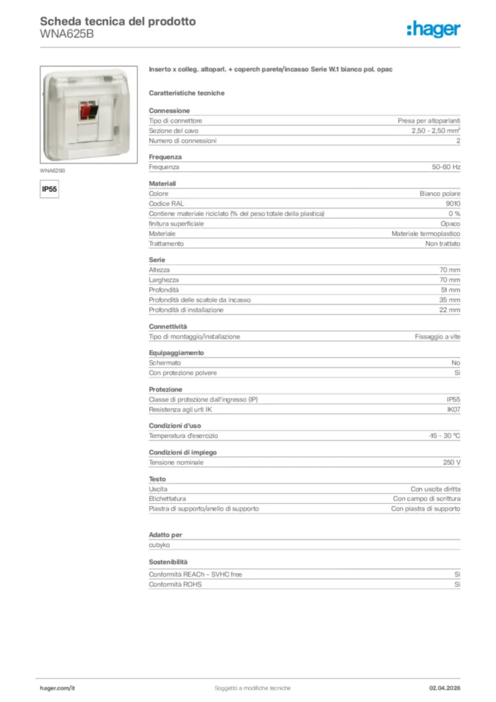 Immagine Hager Scheda tecnica del prodotto WNA625B | Hager Italia