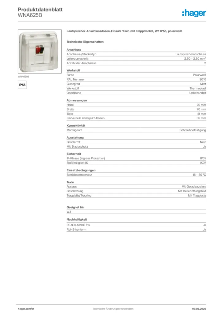 Bild Hager Produktdatenblatt WNA625B | Hager Deutschland